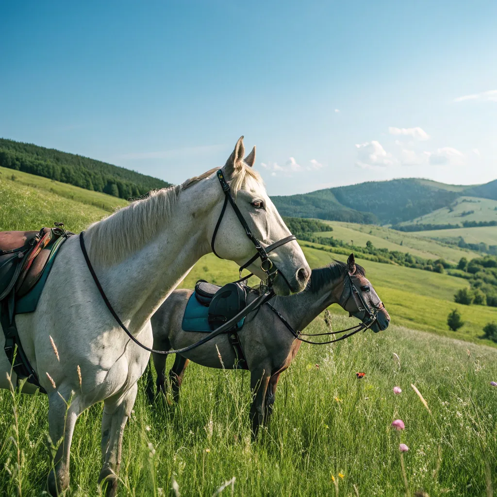 Horses prepared for riding in a scenic field